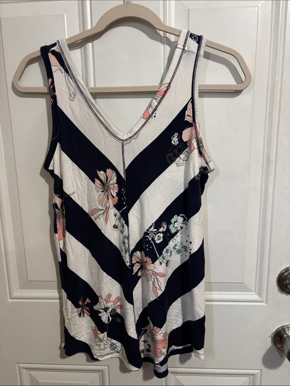 Maurices Navy & White Striped Floral V-Neck Tank
